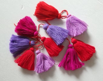 Small cotton tassels with open strings, Red, Pink & Purple cotton yarn tassels from Thailand, tassels for cushions or pillows, 10 pcs.