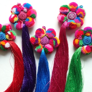 Silk flower tassel with pompoms, ONE, large Thai silk tassel with pompoms for bags, accessories, pompom flower tassel, ethnic bag tassel