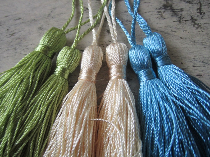 6 Silky tassels in blue green and ivory silky tassels for Etsy