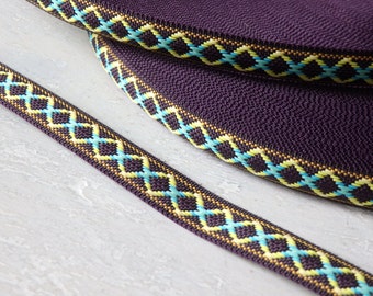 2 yds. Purple trim with woven pattern in yellow and sky blue, 13mm / 0.5" wide ethnic style trim, purple woven trim, TWO yards