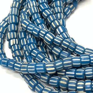 Handmade Javanese glass beads, MID BLUE with white stripes, 24" strand, approx. 5-6mm, blue glass beads from Indonesia, blue & white glass