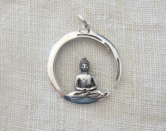 925 Sterling silver Buddha pendant, Japanese Enso circle meditating Buddha, Zen Buddhist creativity pendant, Buddhist circle, Zen jewelry