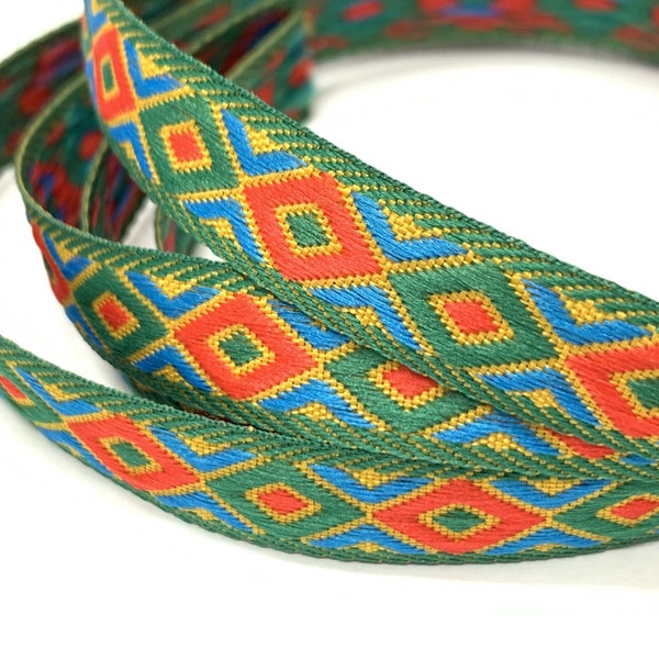 2 yds. Woven trim in Green, blue & red with diamond pattern, 12mm wide, harlequin ribbon, satin polyester trim, TWO yards