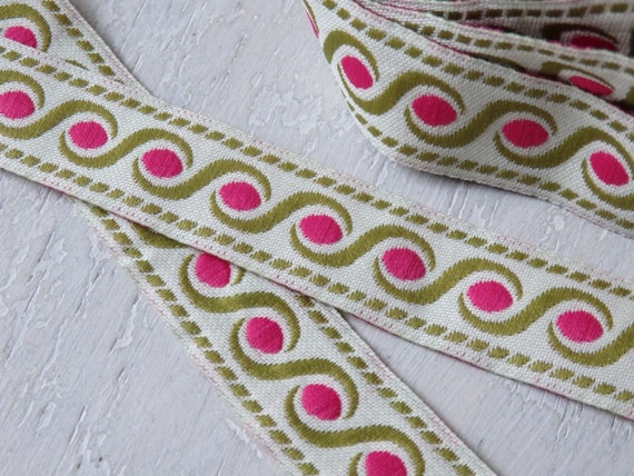 craft supplies 2 yds ivory beige trim with pink and green Elegant trim with olive green and bright pink pattern 2 yards 18mm wide