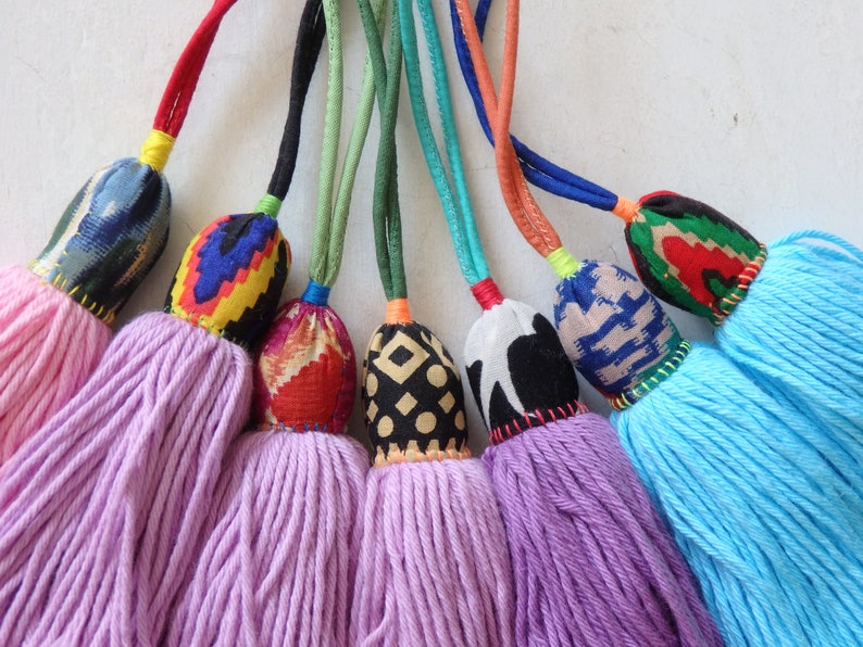 pastel shades Handmade Hmong tassel accessories yarn Hill Tribe tassel with long loop for bags ONE home decor ONE ethnic tassel