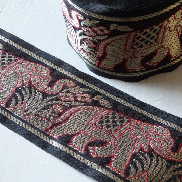 1 yd. BLACK & Gold extra wide elephant sari border, Black elephant sari trim, 78mm / 3" wide, Indian elephant jacquard ribbon, ONE yard