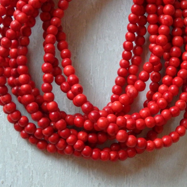 4mm Howlite beads, 16" strand, dyed RED howlite, 4mm bright red beads, round spacer beads, 16" strand / approximately 106 beads per strand