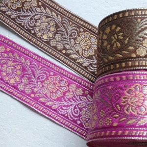 2 yds. Indian sari trim with tan & gold floral pattern, 60mm wide, sari border, Fuchsia PINK or chocolate BROWN!  TWO yards