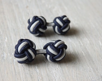 Chinese knot cuff links, DARK BLUE & GREY, stretch cord cuff links, stocking stuffer, groomsmen gift