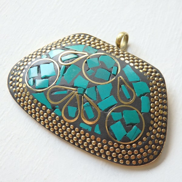 Turquoise & Brass mosaic pendant from Nepal, 61x38mm turquoise pendant, large Nepalese brass pendant, XL ethnic pendant, statement jewellery