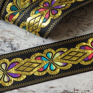 2 yds. Japanese metallic trim in black & gold with multicolored thread, Japanese lace trim, 40mm wide, decorative border, TWO yards