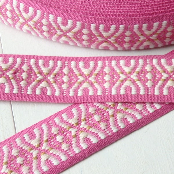 2 yds. Pink woven trim, woven jacquard trim in pink & white, 1.5" / 38mm sturdy woven trim, summer boho trim, ethnic trim, TWO yards