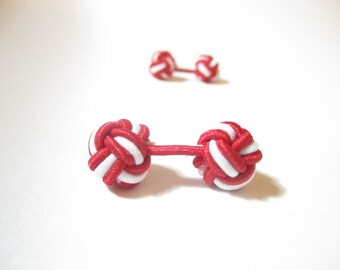 Chinese knot cufflinks, RED & WHITE, elastic cord cuff links, groomsmen gift, stocking stuffer, gift under 10, Christmas, team colours