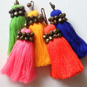 Thai yarn tassel with brass bells, ethnic bag tassel, key tassel, CHOOSE from 5 colours!  9cm / 3.5&quot;, ONE pc.