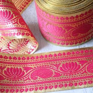 2 yds. Extra wide Pink & Gold sari border, Luxurious Indian trim, 85mm, lotus flower ribbon, TWO yards