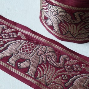Burgundy & Gold Elephant Sari Border: Wide Indian Jacquard Trim (1 Yard)