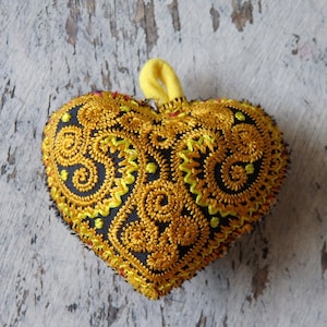 Handmade fabric heart decoration, embroidered YELLOW Hmong heart pillow from Thailand, bag charm, Valentines, fabric heart ornament, ONE