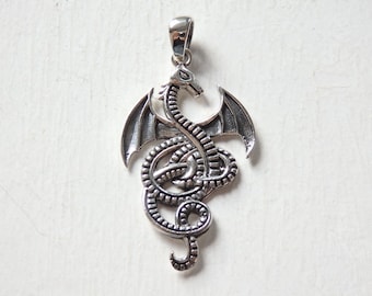 Sterling Silver Dragon pendant, 925 silver winged dragon with bail, 42x22mm, fairy tale dragon pendant, 925 silver mythical creature