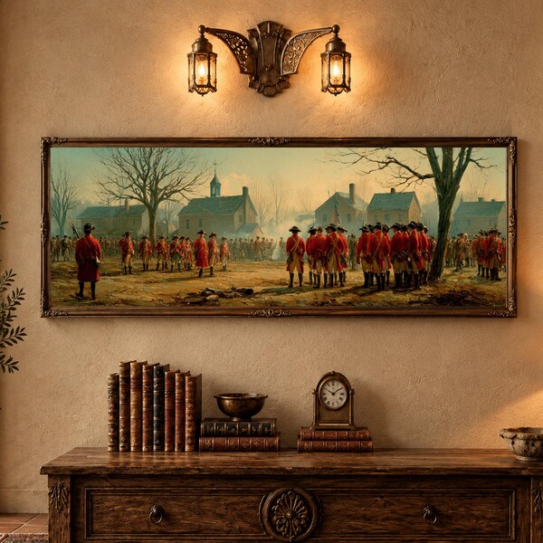 Battle of Lexington Print, 1775 Revolutionary War Wall Art, Lexington Green Colonial History, Oil Painting Inspired Panoramic Framed Decor