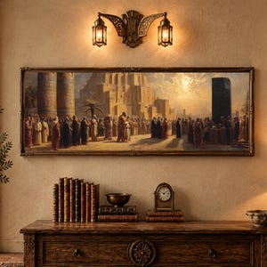 Puede incluir: Una impresión de arte mural rectangular enmarcada que representa una escena histórica con una gran multitud reunida ante un alto monumento de piedra y arquitectura antigua bajo un cielo dorado, montada en una pared texturizada sobre una mesa consola de madera.