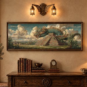 Vintage Quetzalcoatl väggkonst, befjädrad orm oljemålning inspirerad tryck, aztekisk mytologi dekor, forntida pyramid canvas, museikonstverk