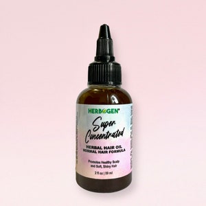May include: A brown glass bottle with a black dropper top and a green and white label that reads "HERBOGEN Super Concentrated HERBAL HAIR OIL NORMAL HAIR FORMULA Promotes Healthy Scalp and Soft, Shiny Hair 2 fl oz | 59 ml".