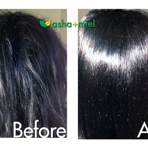 Pu&ograve; includere: Fotografie prima e dopo che mostrano la differenza nella texture dei capelli. I capelli a sinistra sono crespi e secchi. I capelli a destra sono lisci e lucidi.