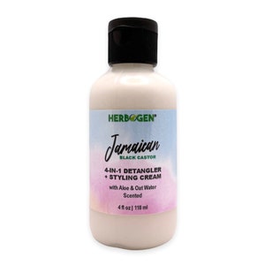 May include: A white bottle of Jamaican Black Castor 4-in-1 Detangler + Styling Cream with Aloe & Oat Water. The bottle is labeled with green text and has a black cap. The bottle contains 4 fluid ounces or 118 milliliters of product.