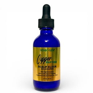May include: A cobalt blue glass bottle with a black dropper cap containing Herbogen Copper Peptide Scalp Elixir Gold Super. The gold label features black text listing ingredients including AHK and GHK copper peptides, hyaluronic acid, and essential oils, with a volume of 2 fl oz.