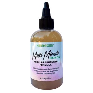 May include: A brown glass bottle with a black dropper top and a white label that reads "HERB GEN Methi Miracle HAIR OIL REGULAR STRENGTH FORMULA With Fenugreek, Amla, Curry In a Blend of Coconut, Castor and Aloe Oils for Abundant, Flourishing Hair 4 fl oz | 118 ml"