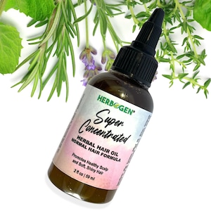 May include: A brown glass bottle with a black dropper top and a green label that reads "HERBOGEN Super Concentrated HERBAL HAIR OIL NORMAL HAIR FORMULA Promotes Healthy Scalp and Soft, Shiny Hair 2 fl oz | 59 ml".