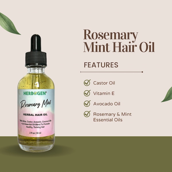 Rosemary Mint Hair Oil | Castor, Avocado & Olive Oil | Peppermint Botanical Hair and Scalp Oil | HERBOGEN