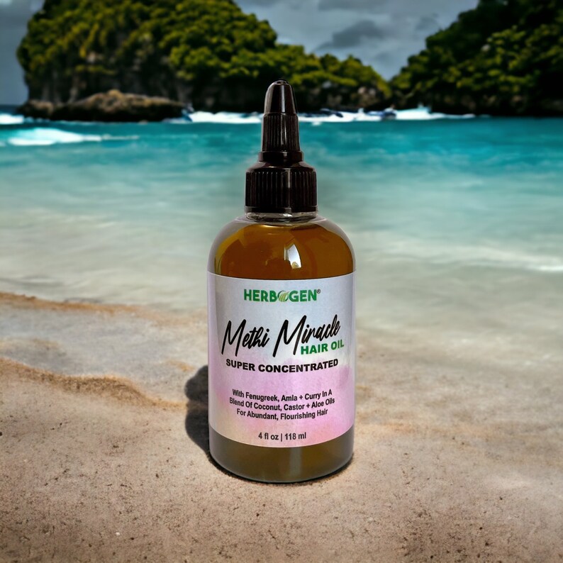 May include: A brown glass bottle with a black dropper top and a white label that reads "HERBOGEN Methi Miracle HAIR OIL SUPER CONCENTRATED With Fenugreek, Amla + Curry in a blend of Coconut, Castor + Aloe Oils For Abundant, Flourishing Hair 4 fl oz | 118 ml".