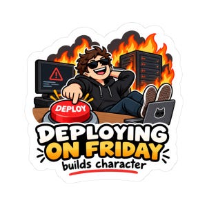 May include: A sticker featuring a person in sunglasses pressing a red button labeled DEPLOY, with a computer, server, and flames in the background. The text reads DEPLOYING ON FRIDAY builds character. The design uses black, red, orange, and yellow colors.