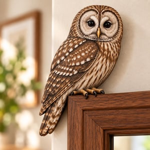 May include: A decorative owl figurine with brown and white plumage, large dark eyes, and a yellow beak. The owl is perched on the top corner of a dark wood-toned frame, featuring detailed feather patterns and textured talons gripping the edge.