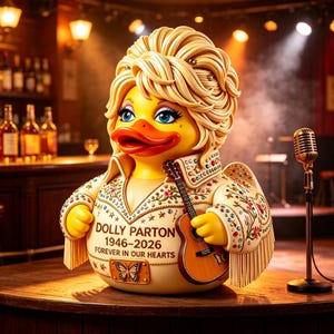 Puede incluir: Un pato de goma amarillo estilizado como artista con cabello rubio, vistiendo un traje color crema con bordados florales, flecos y pedrería. El texto dice DOLLY PARTON 1946-2026 FOREVER IN OUR HEARTS, con un gráfico de mariposa.