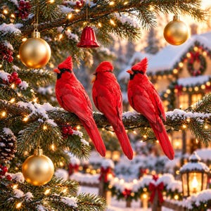 Op de afbeelding: Drie felrode kardinaalvogels zittend op een met sneeuw bestoven dennentak, versierd met glanzende gouden kerstballen, een klein rood belletje en warm gloeiende lichtjes tegen een wazige achtergrond van een winterhuis.