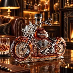Può includere: Un decanter in vetro a forma di motocicletta riempito di liquido ambrato. Il serbatoio presenta il logo della Harley-Davidson Motor Company e la base è incisa con il testo Harley-Davidson. Presenta dettagli color cromo e un tappo nero.