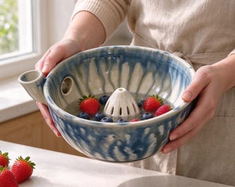 Handmade Ceramic Vortex Berry Washing Bowl with Spout, Fruit Washer & Spinner Colander, Handmade Pottery Kitchen Bowl, Housewarming Gift