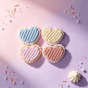 May include: Four heart-shaped decorations with white piped borders and glossy centers in light blue, cream, pale pink, and dusty rose. The items are arranged in a square formation, surrounded by scattered colorful sprinkles and small white pearls.