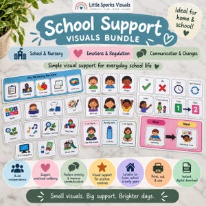 Könnte beinhalten: Ein Set mit visuellen Hilfsmitteln für die Schule, bestehend aus einer Sammlung von Lernkarten mit Illustrationen für Schulroutinen, Emotionen und Kommunikation. Das Set enthält Etiketten für Morgenroutinen, Mathematik, Lesen und verschiedene Aktivitäten.