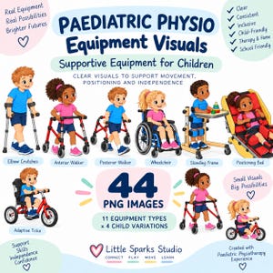 May include: A collection of 44 PNG images titled Paediatric Physio Equipment Visuals, featuring illustrations of children using elbow crutches, anterior and posterior walkers, a wheelchair, standing frame, positioning bed, and an adaptive trike.
