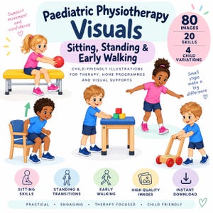 Könnte beinhalten: Eine digitale Bildungsressource mit dem Titel Paediatric Physiotherapy Visuals: Sitting, Standing & Early Walking. Sie enthält Zeichentrickillustrationen von Kindern bei physiotherapeutischen Übungen, darunter 80 Bilder, 20 Fähigkeiten und 4 Kindervariationen.