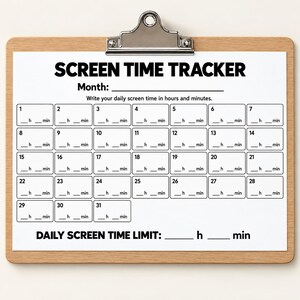 Peut inclure: Un presse-papier en bois contenant une feuille blanche de suivi du temps d'écran. Le document affiche le titre SCREEN TIME TRACKER, une ligne pour le mois, et une grille de 31 cases numérotées avec des espaces pour les heures et minutes.