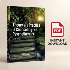 May include: The book titled Theory and Practice of Counseling and Psychotherapy, Eleventh Edition by Gerald Corey, features a cover image of a wooden staircase leading into a sunlit forest. A red PDF icon and the text INSTANT DOWNLOAD are visible.