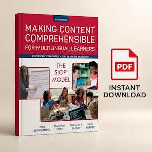 Op de afbeelding: Een rood en wit tekstboek getiteld Making Content Comprehensible for Multilingual Learners, Sixth Edition, The SIOP Model. De kaft bevat foto's van leerlingen en docenten in een klaslokaal. Auteurs: Echevarría, Vogt, Short, Toppel.