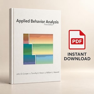 Op de afbeelding: Een wit boek getiteld Applied Behavior Analysis Third Edition door John O. Cooper, Timothy E. Heron en William L. Heward. De kaft bevat een centrale afbeelding van gestapelde, kleurrijke, geruite rechthoeken. Inclusief een rood PDF-icoon.