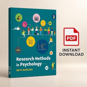 May include: A teal textbook titled Research Methods in Psychology by Beth Morling, 4E. The cover features a graphic illustration of people and icons connected by lines, including a shopping cart, a car, and a radio. A red PDF icon is nearby.