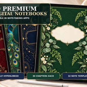 May include: A set of 20 premium digital notebooks displayed on tablets, featuring ornate covers with floral, peacock, and celestial designs. The text reads 20 PREMIUM DIGITAL NOTEBOOKS, EDITABLE IN NOTE-TAKING APPS, FULLY HYPERLINKED, 30 CHAPTERS EACH, 32 NOTE TEMPLATES.