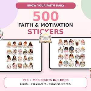 Puede incluir: Una colección digital de 500 pegatinas de fe y motivación con diversas ilustraciones de personas, cruces, flores y textos inspiradores. El conjunto incluye archivos PNG transparentes precortados con derechos PLR y MRR incluidos para uso digital.
